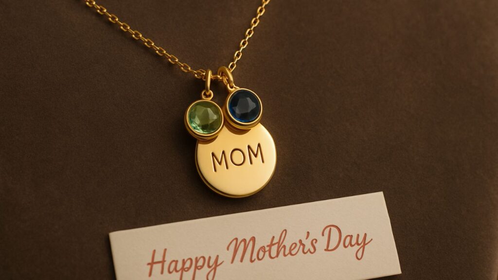 Close-up of a custom Mother’s Day gift—a birthstone necklace displayed on a velvet surface with soft lighting highlighting the details.