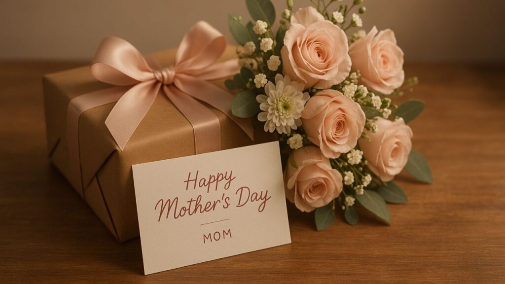 Wrapped Mother’s Day gift with a flower bouquet and personalized card on a wooden table with soft lighting.
