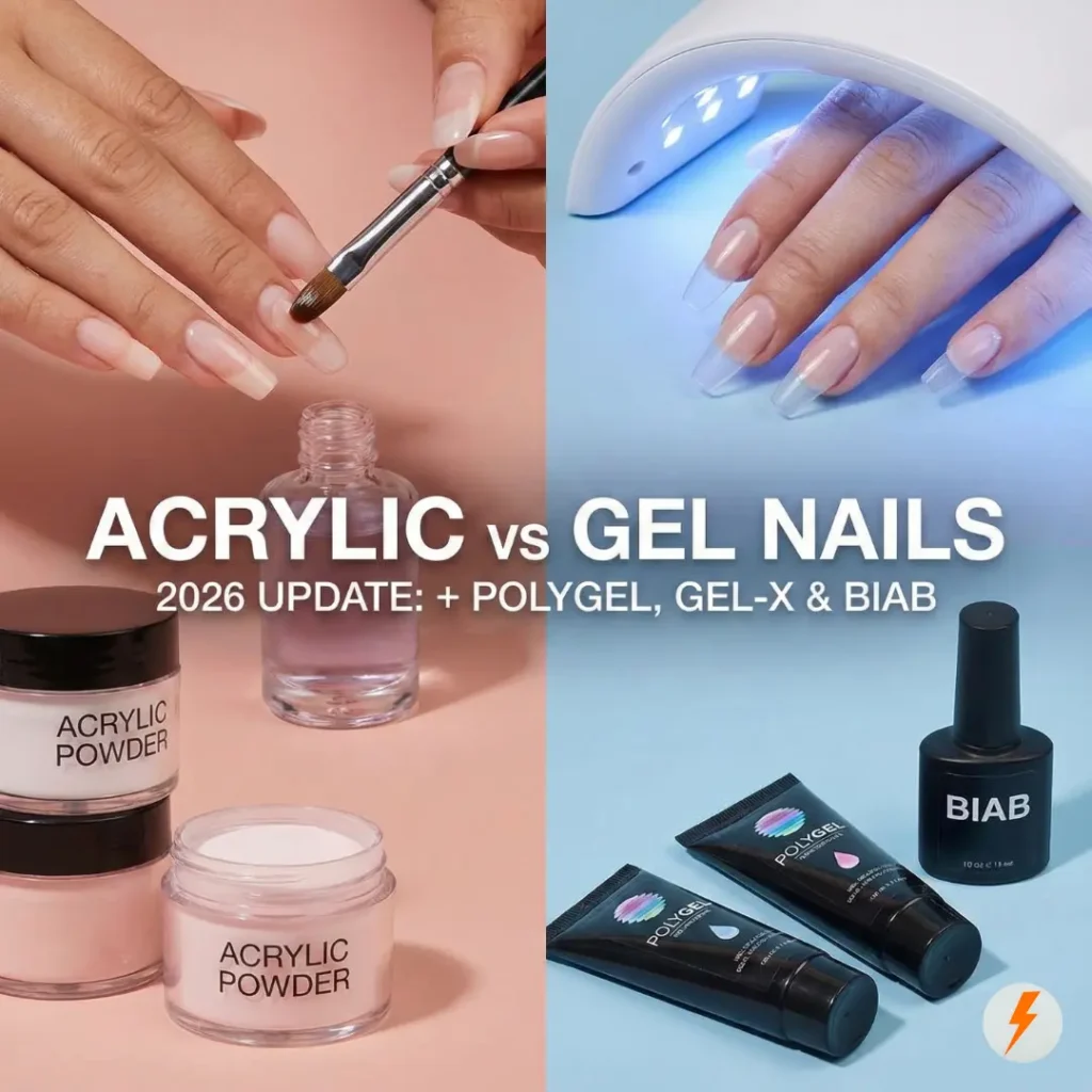 Split-screen comparison graphic showing traditional Acrylic powder jars on the left and modern Gel nail products like Polygel tubes, BIAB, and a UV lamp on the right, with text overlay 'Acrylic vs Gel Nails 2026 Update'.