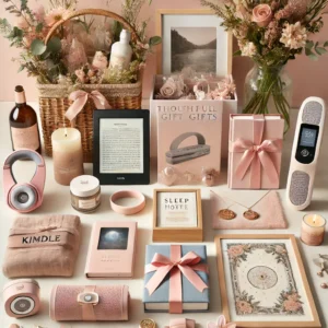 Beautiful Mother’s Day gifts displayed on a table with flowers and a card.
