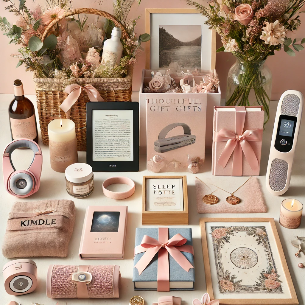 Beautiful Mother’s Day gifts displayed on a table with flowers and a card.