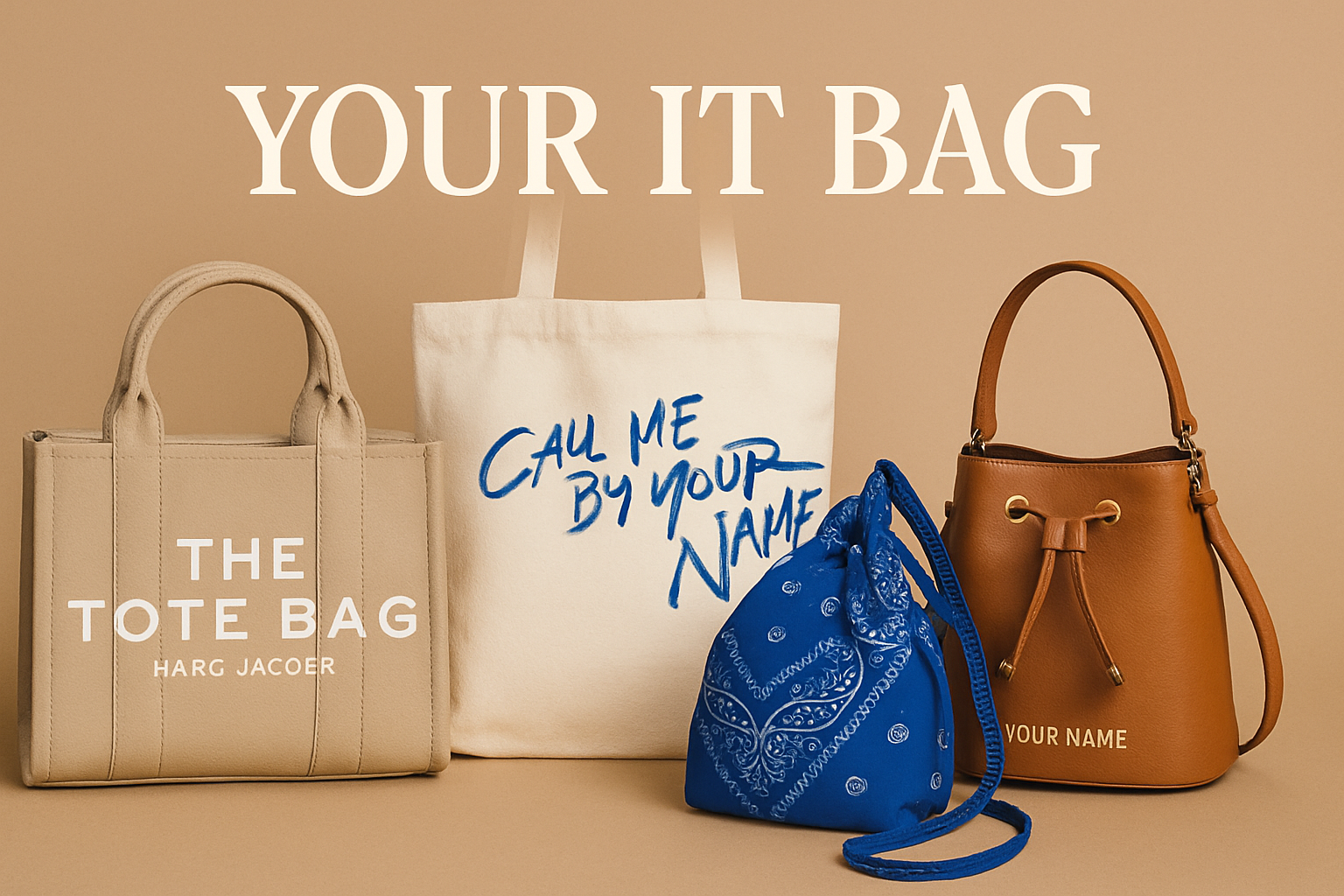 Collage of trendy handbags on a beige background with the headline "FIND YOUR IT BAG" showcasing diverse styles from structured minis to eco-friendly totes.
