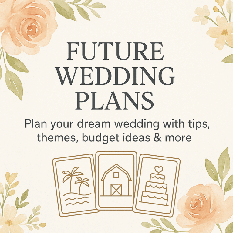 Square digital image with watercolor floral background and the words 'Future Wedding Plans' in bold. Tarot-style illustrations of wedding themes appear below the text, surrounded by soft peach and beige flowers in a warm, romantic palette.