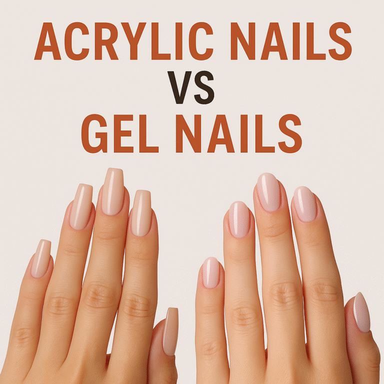 Close-up of hands with acrylic nails on one side and gel nails on the other, showing the difference in style and finish.