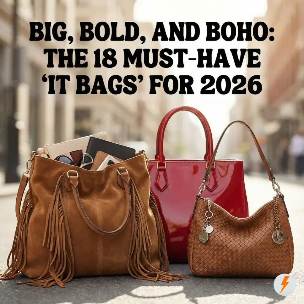 showing three trending 2026 handbags on a sunny city street: a large, overflowing brown suede fringe tote, a glossy red patent leather structured bag, and a brown woven leather shoulder bag with charms. Bold text at the top reads: "BIG, BOLD, AND BOHO: THE 18 MUST-HAVE 'IT BAGS' FOR 2026".