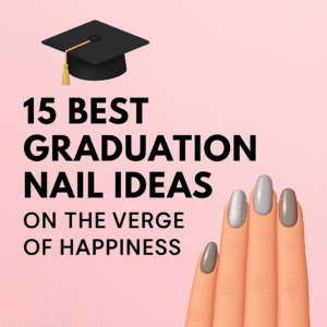 “A digital 2D graphic showcasing summer-themed graduation nail designs, including vibrant floral patterns, glittery tips, and bold color blocks, displayed on illustrated hands against a soft pink background.”