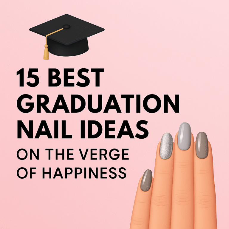 “A digital 2D graphic showcasing summer-themed graduation nail designs, including vibrant floral patterns, glittery tips, and bold color blocks, displayed on illustrated hands against a soft pink background.”