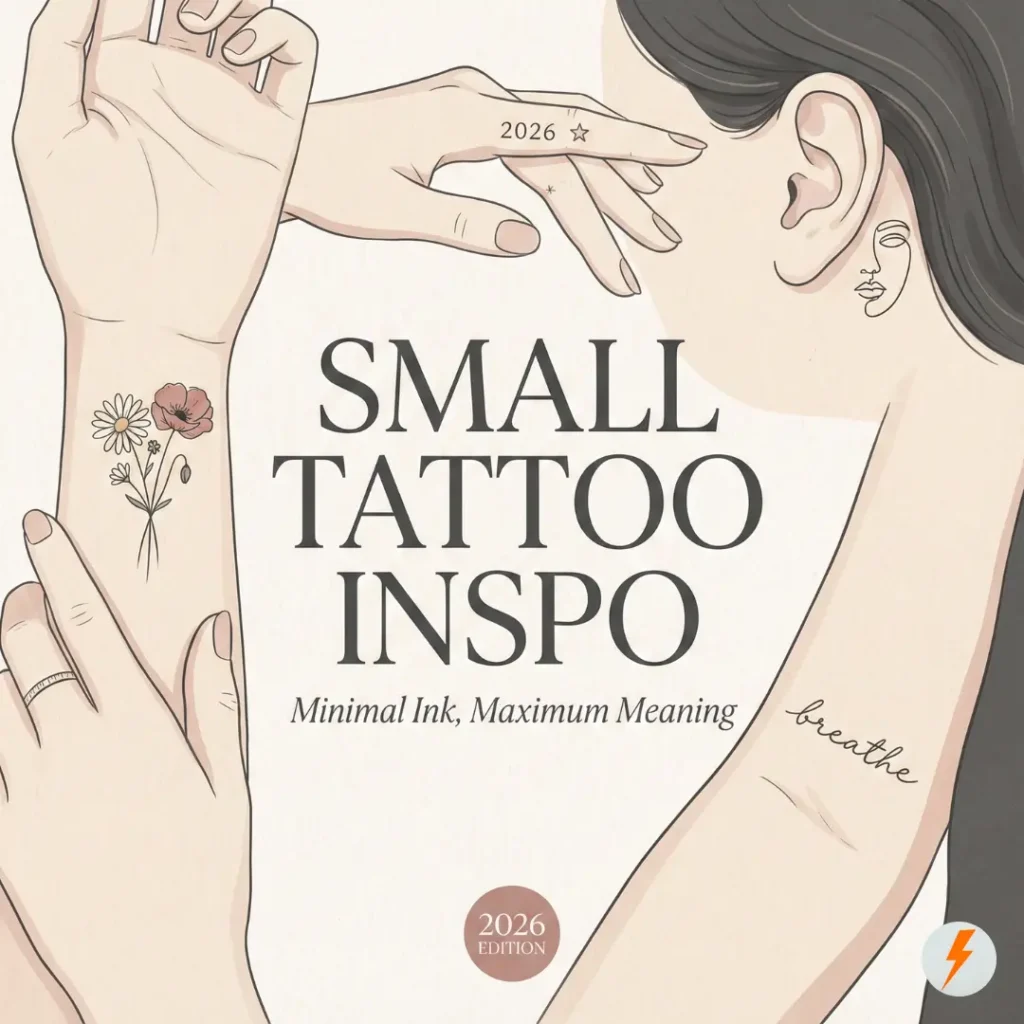 Featured illustration for small tattoo inspo 2026 trends showing a minimalist birth flower bouquet on a wrist, abstract line art behind the ear, and delicate fine-line finger tattoos with the text "Minimal Ink, Maximum Meaning.