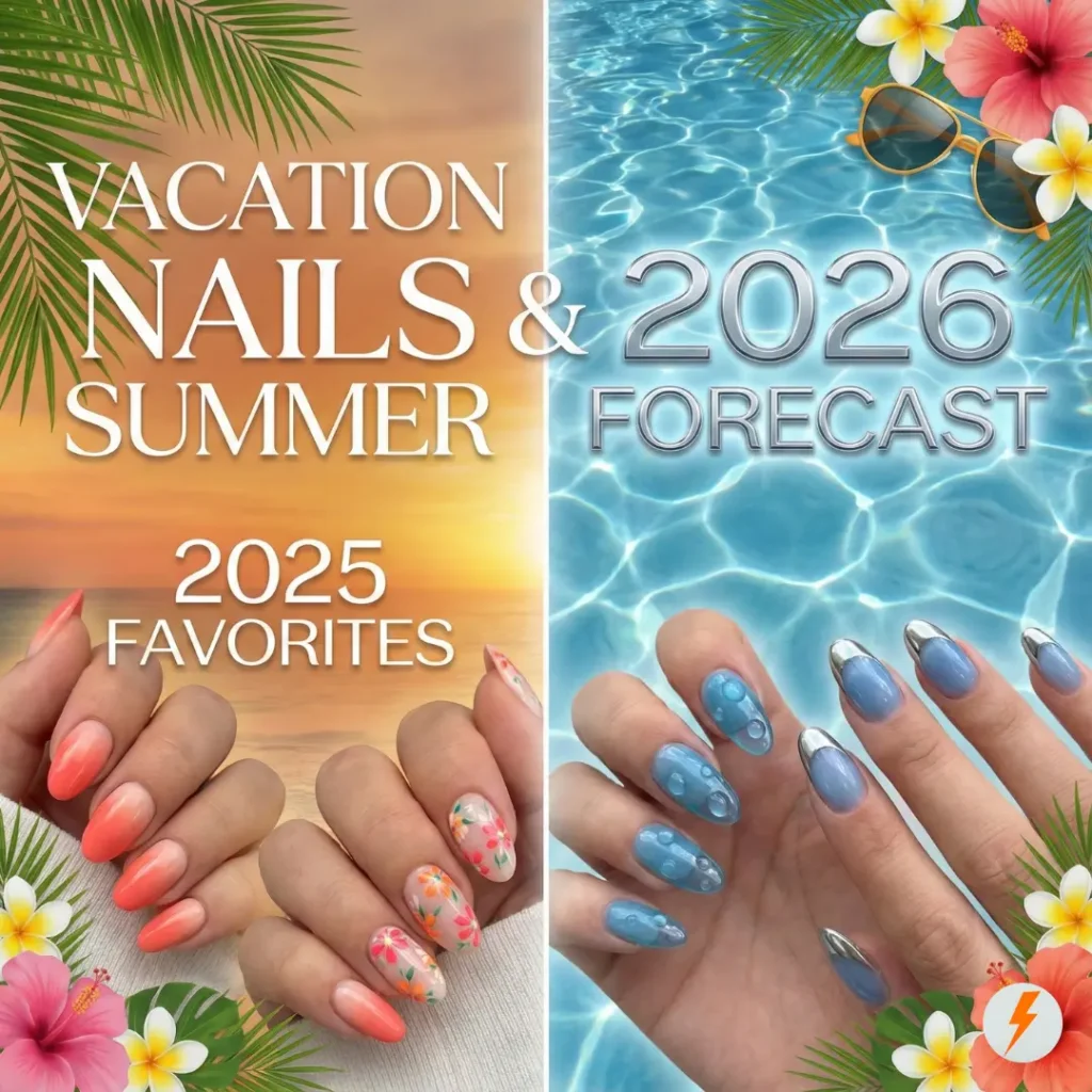 Featured image comparing "Vacation Nails Summer 2025 Favorites" (coral ombre, floral designs) on a sunset beach background against "2026 Forecast" trends (blue jelly nails with droplets, silver chrome tips) on a shimmering pool background.