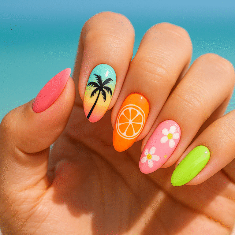 A close-up of a hand with vibrant summer nail art in tropical colors, ideal for vacation nails summer style inspiration.