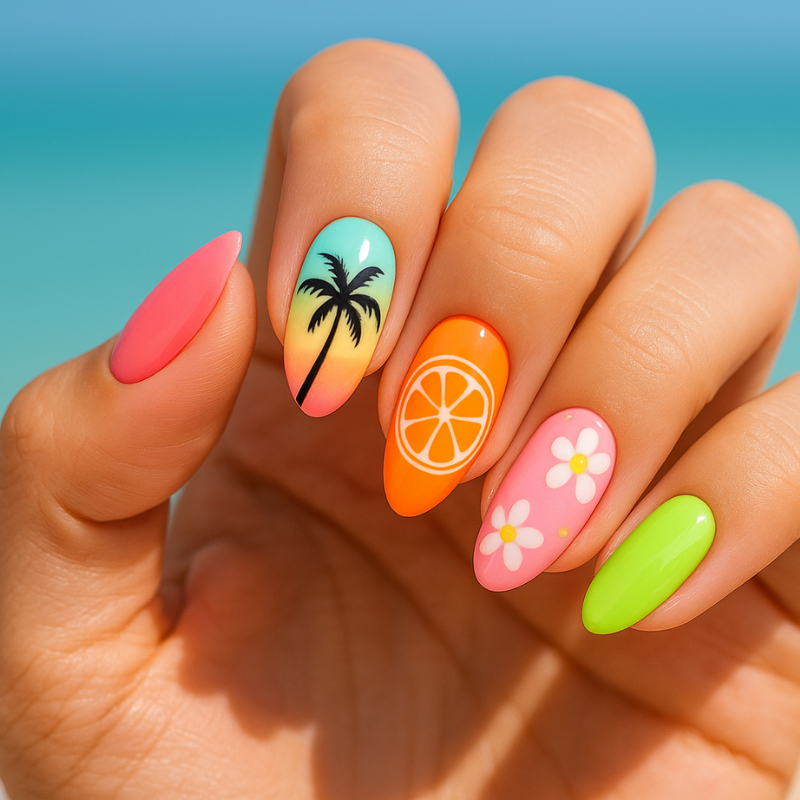 A close-up of a hand with vibrant summer nail art in tropical colors, ideal for vacation nails summer style inspiration.