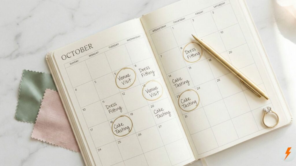 Wedding planning timeline notebook with engagement ring and fabric swatches.