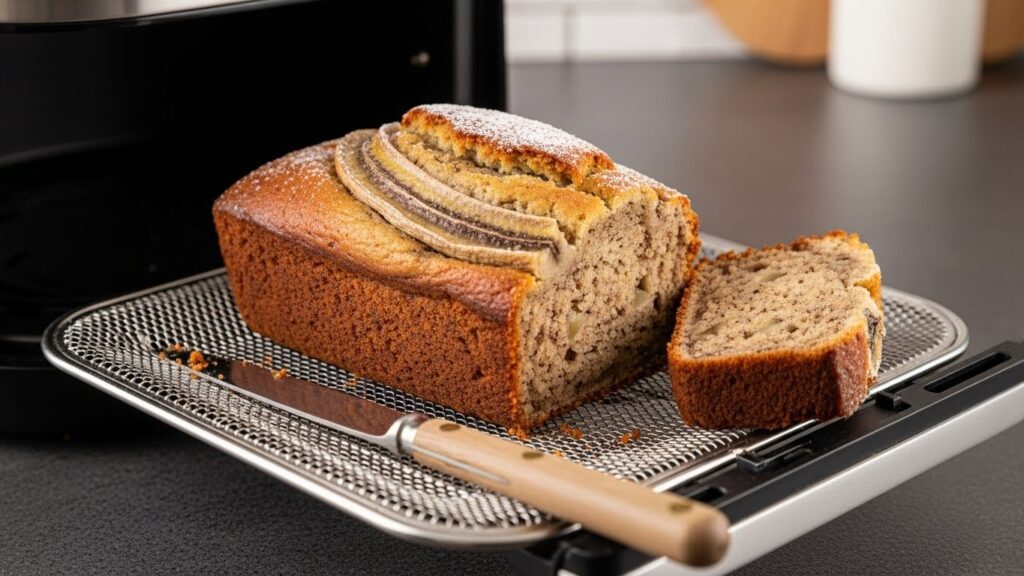 A golden brown mini loaf of banana bread sitting inside an open air fryer basket.