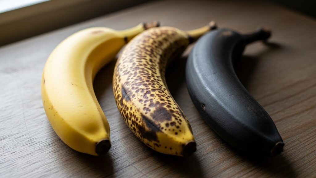 Three bananas in various stages of ripeness: yellow, spotted, and fully black.