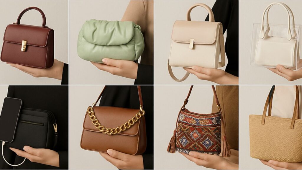 Your It Bag: A stylish collection of 8 trendy handbags in various colors and designs, including leather, fabric, and transparent styles.