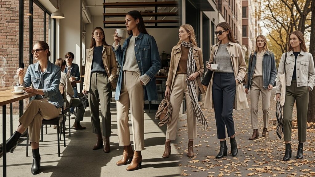 Versatile all-season outfits for men and women designed for year-round wear.