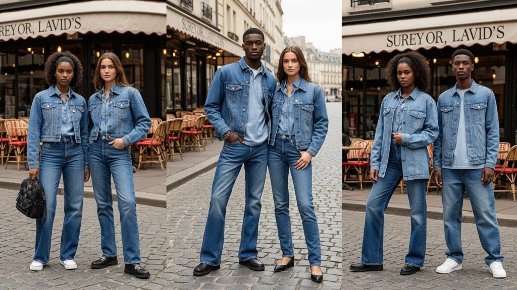 Stylish denim outfit ideas for men and women featuring timeless jeans fashion.