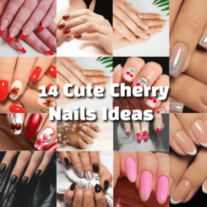A collage of 14 stylish cherry nail designs featuring a variety of styles including red, pink, black, and nude tones with cherry art, french tips, glossy and matte finishes. Text overlay reads "14 Cute Cherry Nails Ideas."