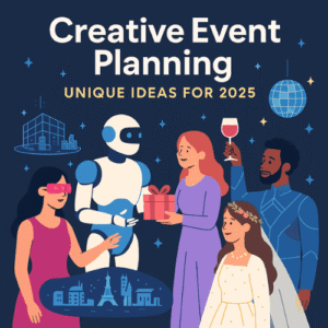 Trendy 2025 event with drones, AR invites, themed decor, and happy guests enjoying unique experiences.