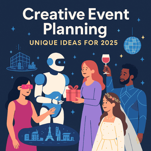 Trendy 2025 event with drones, AR invites, themed decor, and happy guests enjoying unique experiences.
