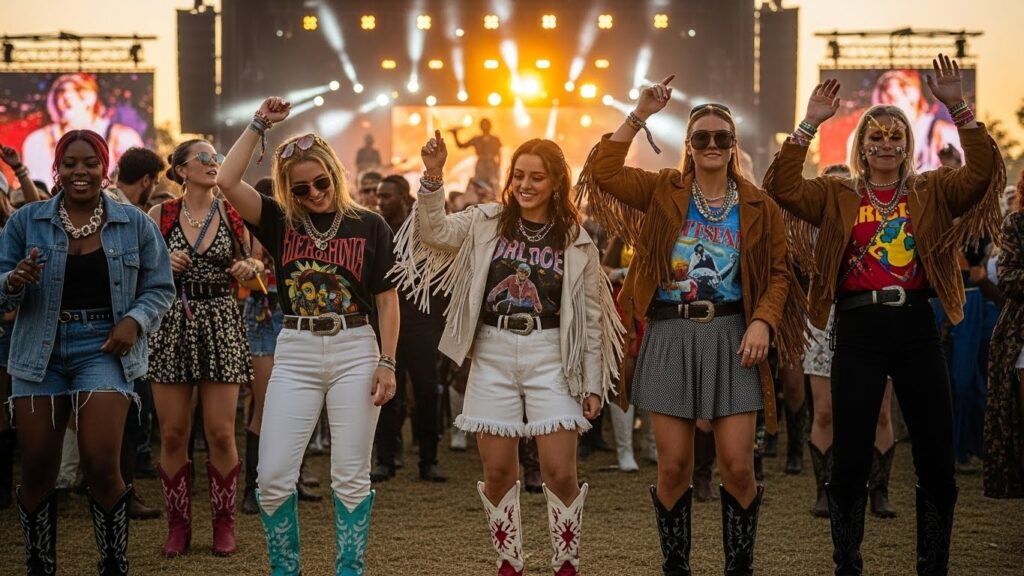 Concert-ready outfits for men and women inspired by modern festival fashion.