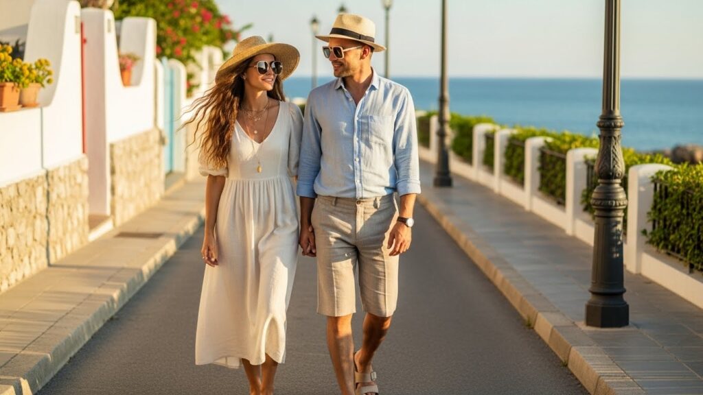 Stylish summer vacation outfits for men and women featuring effortless 2026 travel fashion.