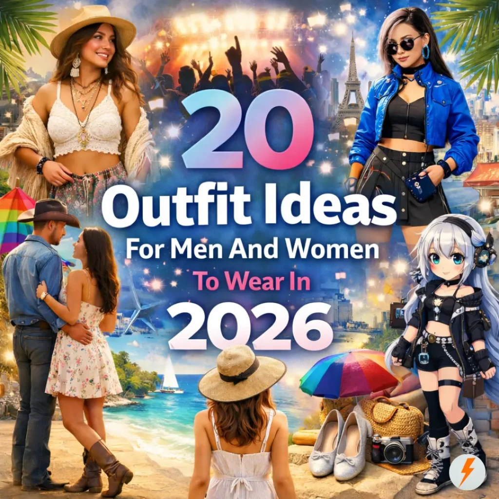 20 outfit ideas for men and women to wear in 2026 featuring trendy street style, boho looks, concert outfits, and futuristic fashion aesthetics.