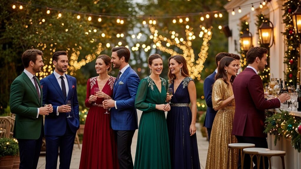 Elegant holiday party outfits for men and women with modern seasonal fashion trends.