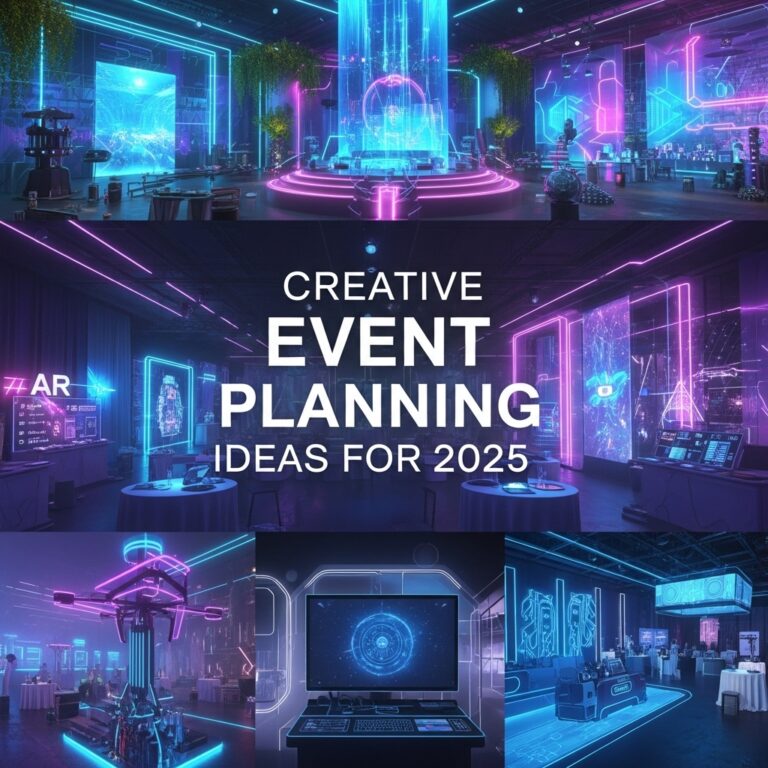Futuristic event setup with neon lighting, holographic displays, and creative elements highlighting “Creative Event Planning Ideas for 2025” text.