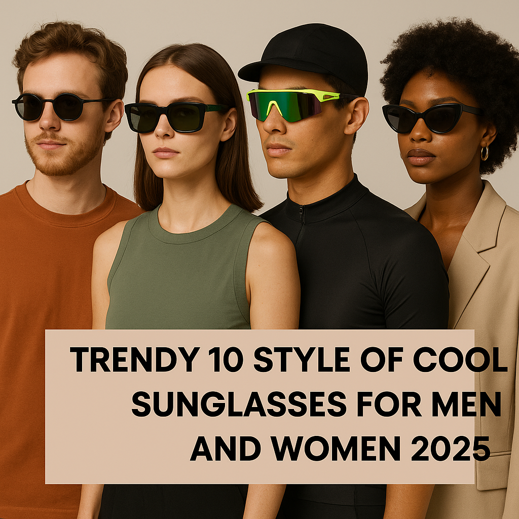 Four people wearing stylish sunglasses outdoors, showing trendy 2025 styles for men and women.