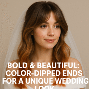 Wedding hairstyle ideas for women, including curtain bangs, butterfly layers, sleek low ponytail, claw clip updo, beach waves, bob with middle part, bubble braids, slicked-back bun, and color-dipped ends—perfect for all hair types and bridal looks.