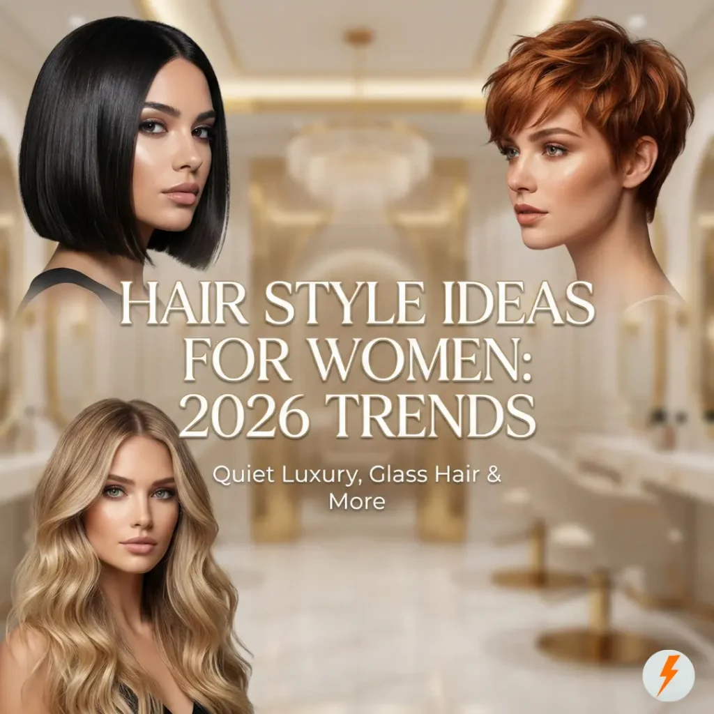 A promotional image featuring three women with different 2026 hair trends: a sleek dark bob, a textured copper pixie cut, and long wavy blonde hair. Text overlays read "HAIR STYLE IDEAS FOR WOMEN: 2026 TRENDS" and "Quiet Luxury, Glass Hair & More" against a blurred, golden-toned luxury salon background.