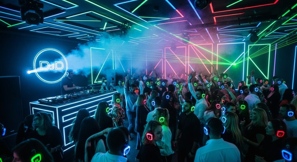 guests with glowing silent-disco headphones