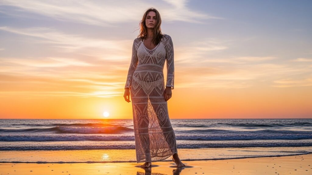 Long cream crochet maxi dress worn over a swimsuit at sunset on a beach vacation
