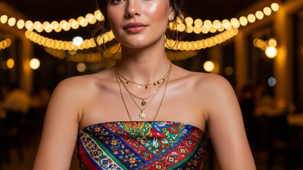 Woman wearing a patterned silk scarf tied as a halter top with gold jewelry for summer evening dinner