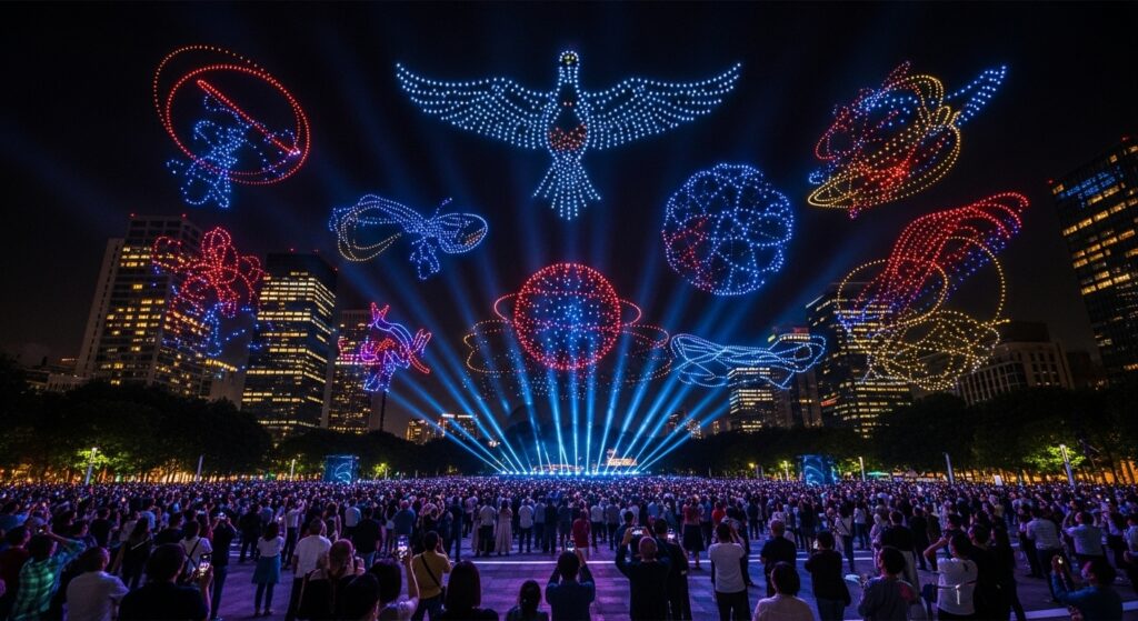 drones creating light shapes at night