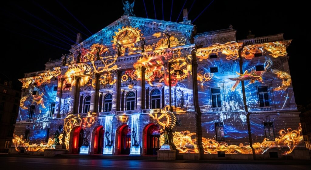 building with 3D projection visuals