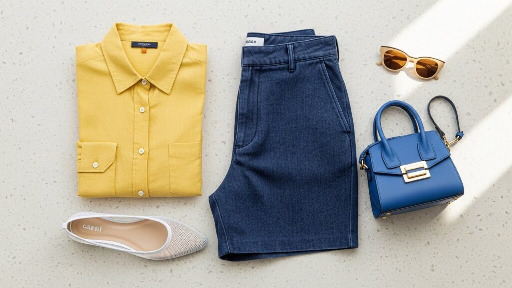 2026 summer vacation fashion trends including butter yellow linen, mesh flats, and Capri blue accessories flat lay