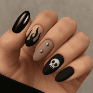 Trendy short alt nails with bold designs like chrome, flames, cartoon art, and grunge—perfect for edgy 2025 styles.