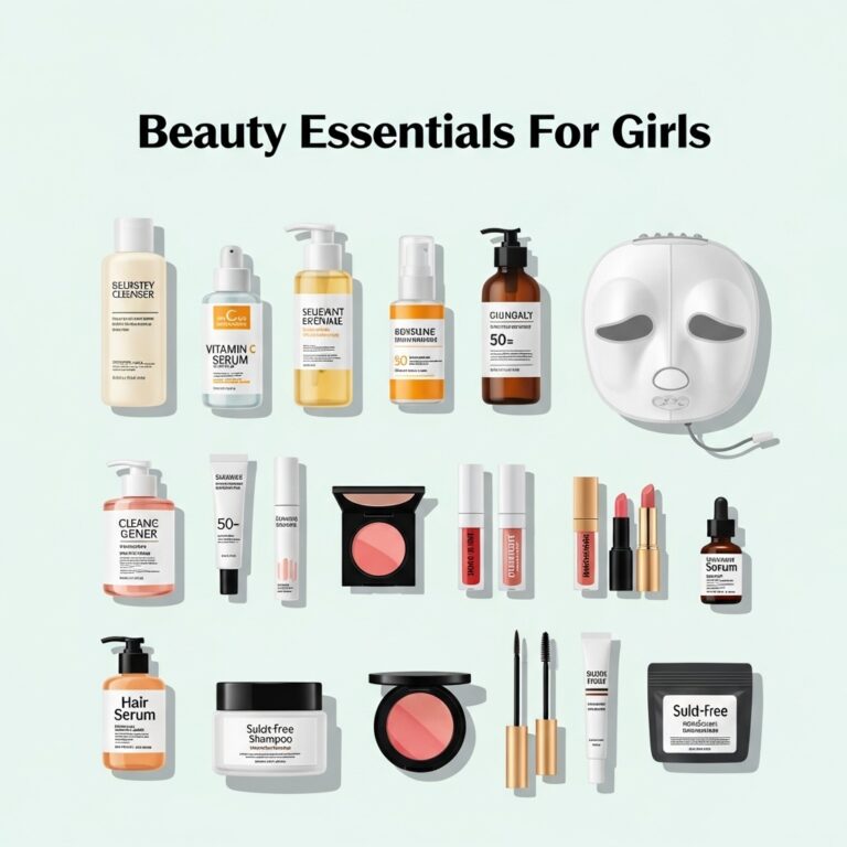 Flat-lay illustration of 2026 beauty essentials including skincare, makeup, haircare, and trending products arranged on a pastel background with the text “Beauty Essentials 2026.”