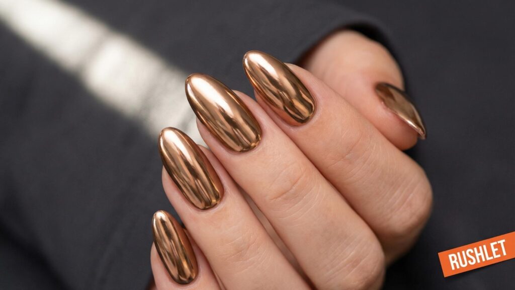 fall chrome nails 2026 bronze metallic mirror finish