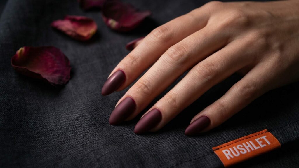 fall nails almond shape glossy dark burgundy 2026