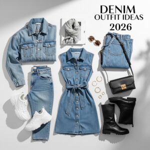 Flat-lay editorial of 2026 denim outfits with jacket, jeans, belted dress, boots, sneakers, accessories, and sunglasses on a clean neutral background.