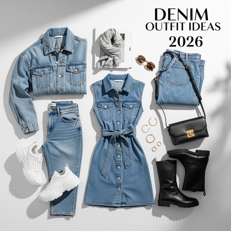Flat-lay editorial of 2026 denim outfits with jacket, jeans, belted dress, boots, sneakers, accessories, and sunglasses on a clean neutral background.