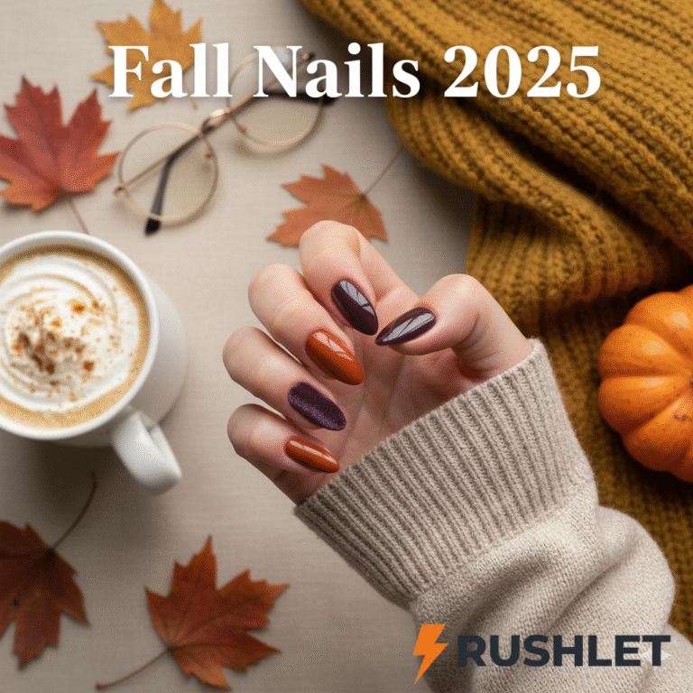 “Fall Nails 2025 flat lay featuring caramel brown, deep plum, and burnt orange almond-shaped nails with glossy and velvet finishes, surrounded by autumn leaves and pumpkin spice latte, with text overlay ‘Fall Nails 2025