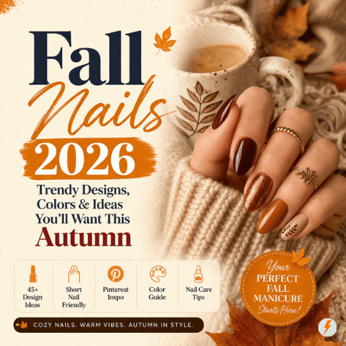 Fall nails 2026 cozy autumn manicure with burgundy, gold and orange nail designs and coffee cup