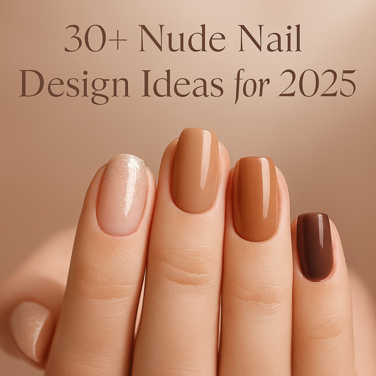 Featured nude nail designs 2025 with soft pink, beige, caramel, dark nude, glitter tips, and micro-French