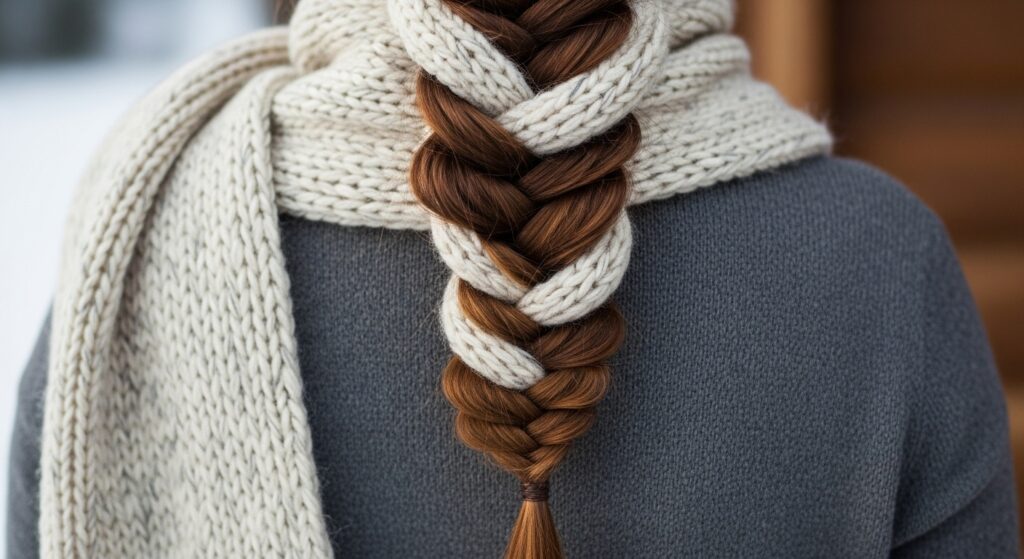 Fishtail braid styled with a cozy winter scarf