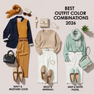 Flat-lay illustration of 2026 outfit color combinations navy & mustard, beige & white, mint & white.