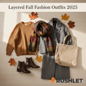 Flat lay of layered fall fashion outfit essentials 2025 with sweater, scarf, coat, boots, and tote bag in autumn colors